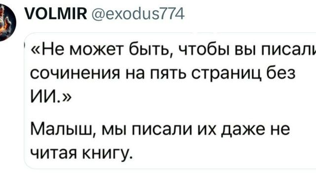 VOLMIR @exodus774 «Не может быть, чтобы вы писали сочинения на пять страниц без ИИ.» Малыш, мы писали их даже не читая книгу.