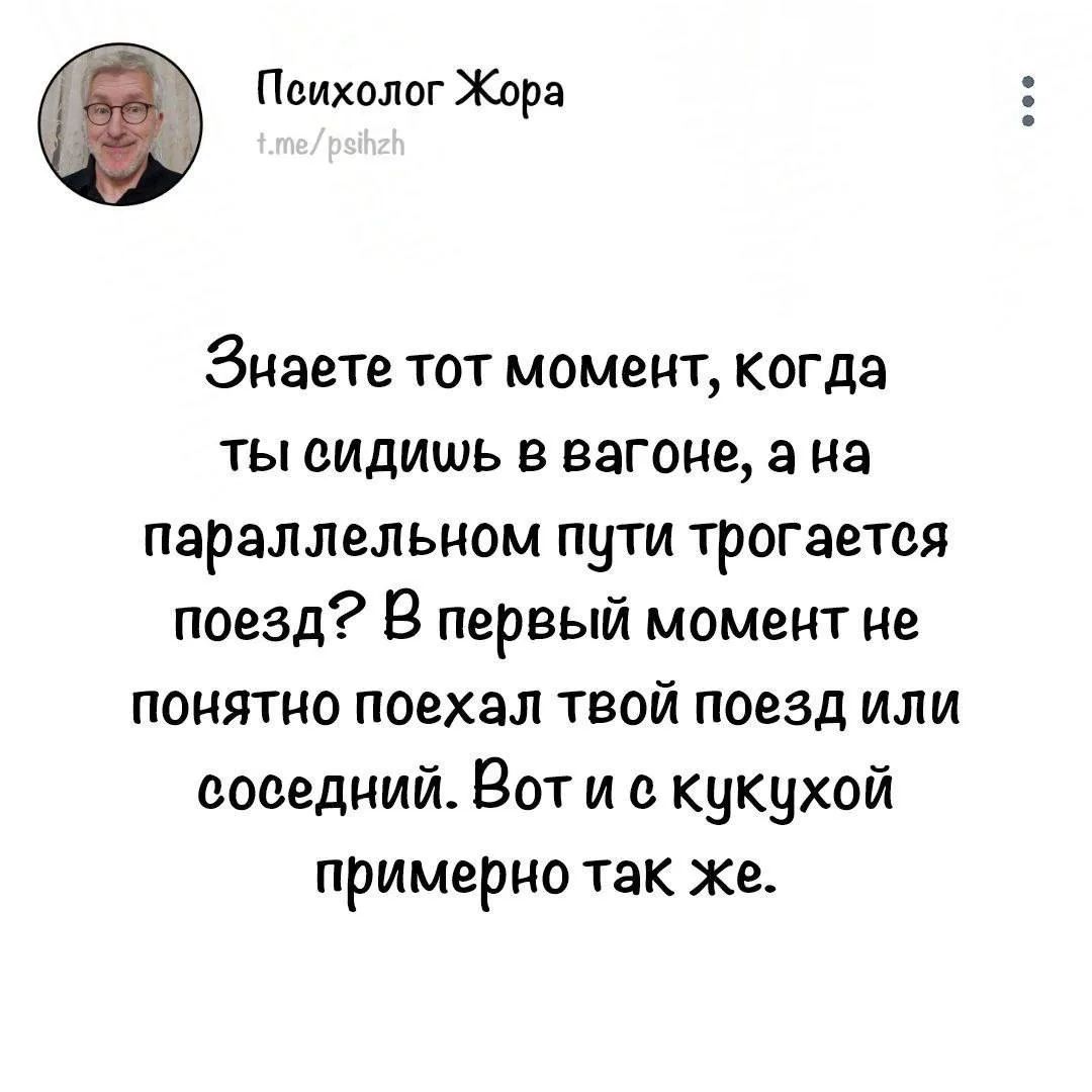 Психолог Жора t.me/psihzh Знаете тот момент, когда ты сидишь в вагоне, а на параллельном пути трогается поезд? В первый момент не понятно поехал твой поезд или соседний. Вот и с кукухой примерно так же.