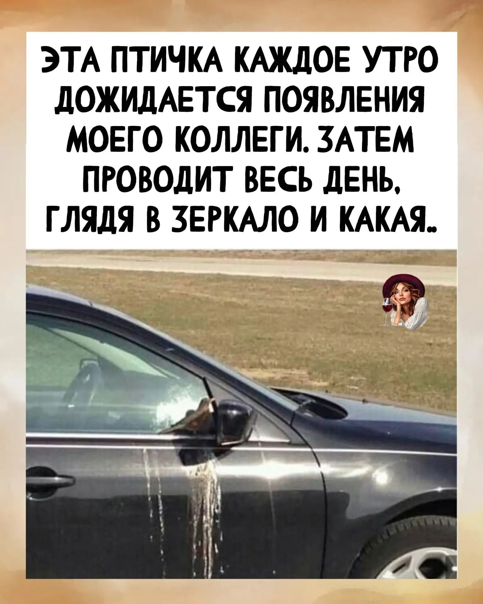 ЭТА ПТИЧКА КАЖДОЕ УТРО ДОЖИДАЕТСЯ ПОЯВЛЕНИЯ МОЕГО КОЛЛЕГИ. ЗАТЕМ ПРОВОДИТ ВЕСЬ ДЕНЬ, ГЛЯДЯ В ЗЕРКАЛО И КАКАЯ..
