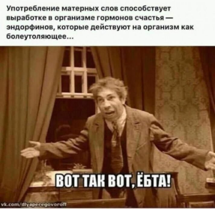 Употребление матерных слов способствует выработке в организме гормонов счастья — эндорфинов, которые действуют на организм как болеутоляющее... Вот так вот, ёпта!