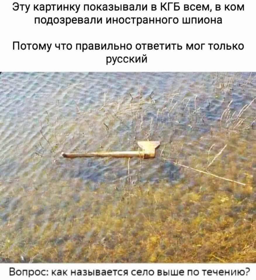 Эту картинку показывали в КГБ всем, в ком подозревали иностранного шпиона. Потому что правильно ответить мог только русский. Вопрос: как называется село выше по течению?