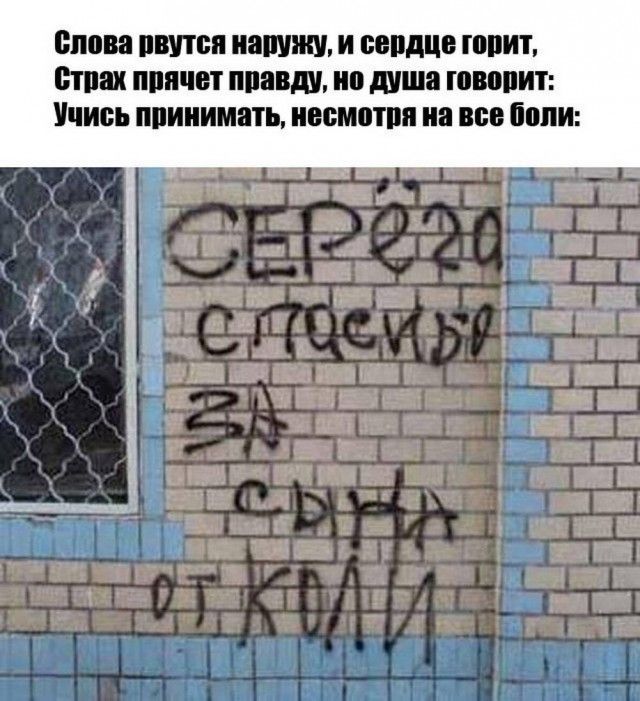 Слова рвутся наружу, и сердце горит, Страх прячет правду, но душа говорит: Учись принимать, несмотря на все боли: Серёжа спасибо за сына от Коли