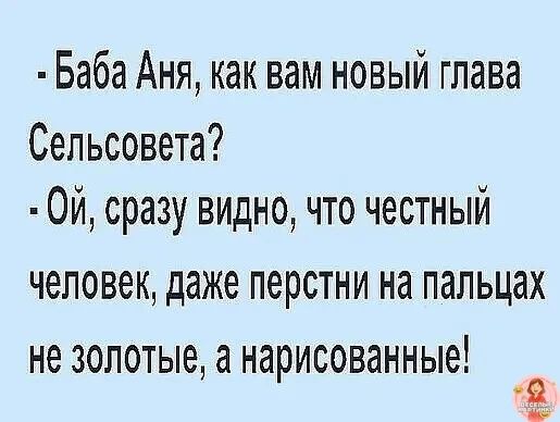 Баба Аня, как вам новый глава Сельсовета? Ой, сразу видно, что честный человек, даже перстни на пальцах не золотые, а нарисованные!