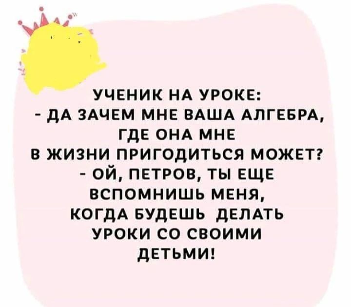 Ученик на уроке: - Да зачем мне ваша алгебра, где она мне в жизни пригодиться может? - Ой, Петров, ты еще вспомнишь меня, когда будешь делать уроки со своими детьми!