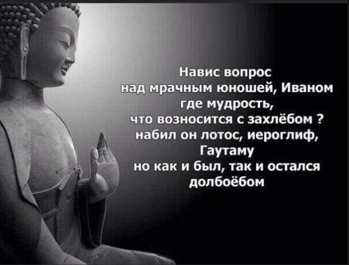 Навис вопрос над мрачным юношей, Иваном где мудрость, что возносится с захлёбом ? набил он лотос, иероглиф, Гаутаму но как и был, так и остался долбоёбом