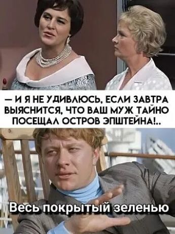 – И я не удивлюсь, если завтра выяснится, что ваш муж тайно посещал остров Эпштейна!.. Весь покрытый зеленью