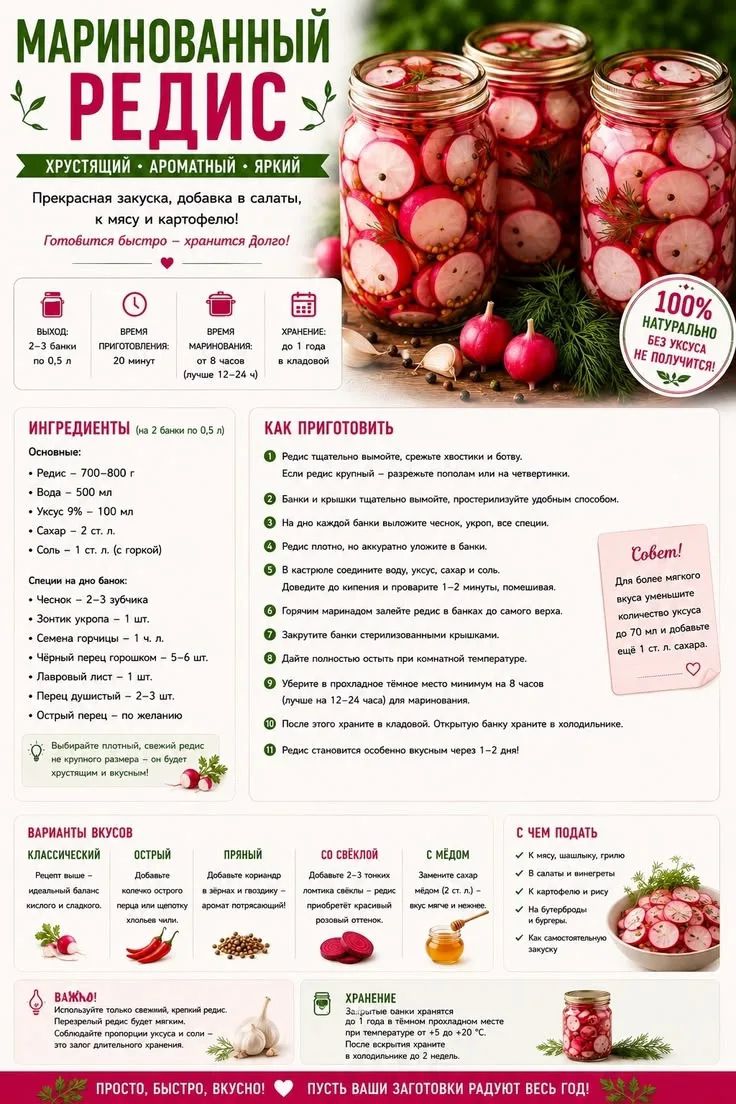 МАРИНОВАННЫЙ РЕДИС ХРУСТЯЩИЙ • АРОМАТНЫЙ • ЯРКИЙ Прекрасная закуска, добавка в салаты, к мясу и картофелю! Готовится быстро - хранится долго! 100% НАТУРАЛЬНО БЕЗ УКСУСА НЕ ПОЛУЧИТСЯ! ВЫХОД: 2-3 банки по 0,5 л ВРЕМЯ ПРИГОТОВЛЕНИЯ: 20 минут ВРЕМЯ МАРИНОВАНИЯ: от 8 часов (лучше 12-24 ч) ХРАНЕНИЕ: до 1 года в кладовой ИНГРЕДИЕНТЫ (на 2 банки по 0,5 л)