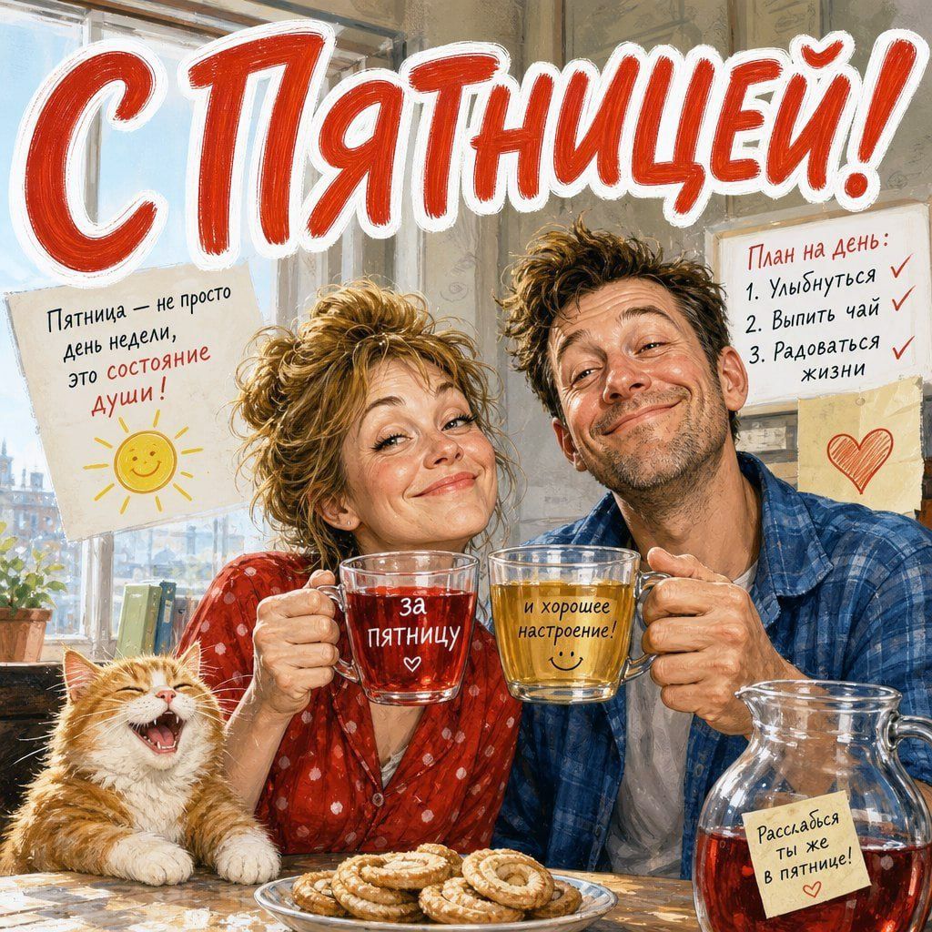 С Пятницей! Пятница — не просто день недели, это состояние души! План на день: 1. Улыбнуться ✓ 2. Выпить чай ✓ 3. Радоваться жизни ✓ за пятницу и хорошее настроение! Расслабься ты же в пятнице!