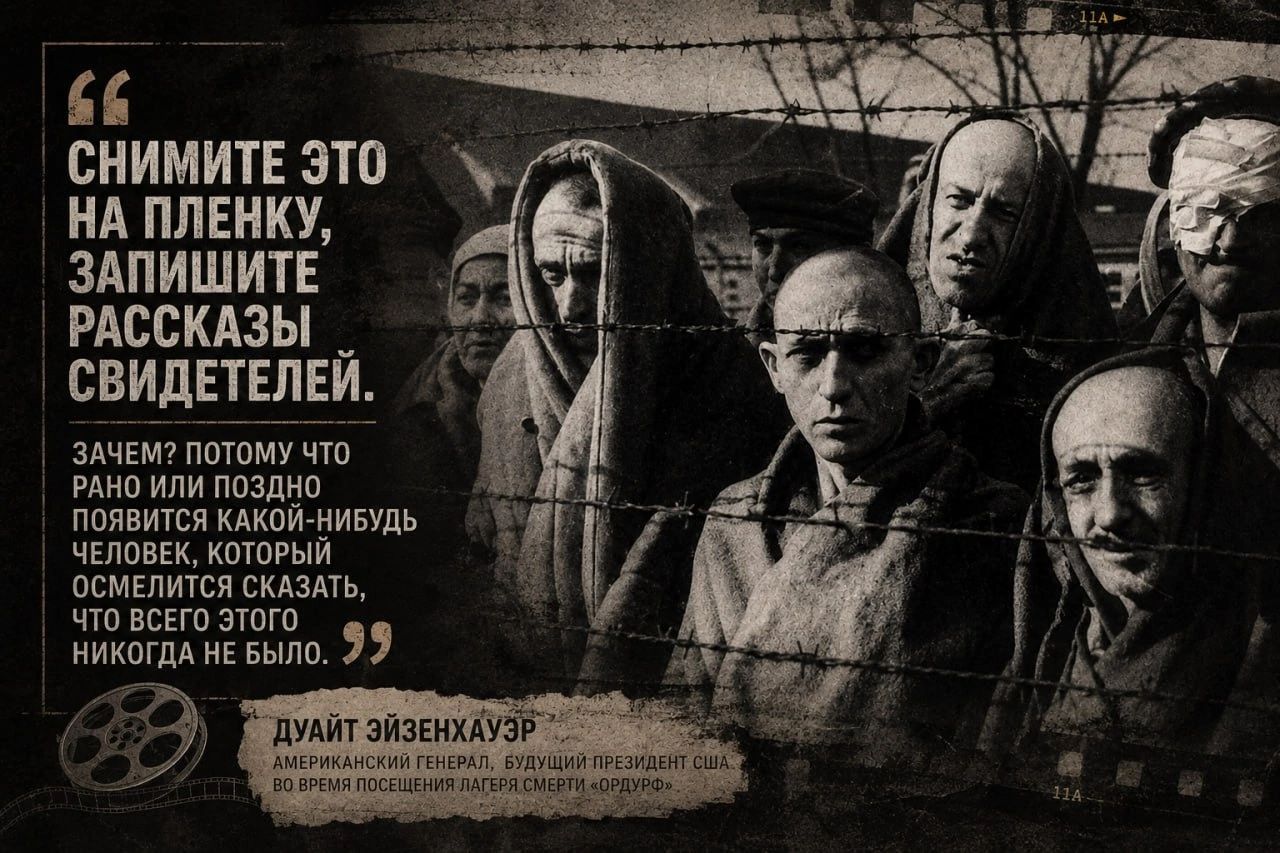 Снимите это на пленку, запишите рассказы свидетелей. Зачем? Потому что рано или поздно появится какой-нибудь человек, который осмелится сказать, что всего этого никогда не было. Дуайт Эйзенхауэр. Американский генерал, будущий президент США. Во время посещения лагеря смерти Ордурф