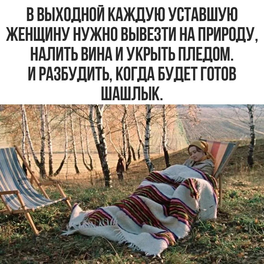 В ВЫХОДНОЙ КАЖДУЮ УСТАВШУЮ ЖЕНЩИНУ НУЖНО ВЫВЕЗТИ НА ПРИРОДУ, НАЛИТЬ ВИНА И УКРЫТЬ ПЛЕДОМ. И РАЗБУДИТЬ, КОГДА БУДЕТ ГОТОВ ШАШЛЫК.