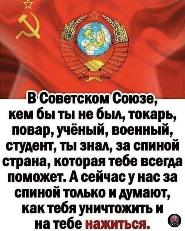 В Советском Союзе, кем бы ты не был, токарь, повар, учёный, военный, студент, ты знал, за спиной страна, которая тебе всегда поможет. А сейчас у нас за спиной только и думают, как тебя уничтожить и на тебе нажиться.