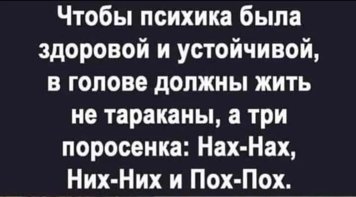 Чтобы психика была здоровой и устойчивой, в голове должны жить не тараканы, а три поросенка: Нах-Нах, Них-Них и Пох-Пох.