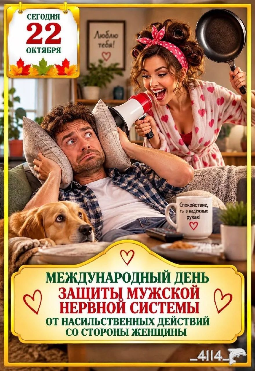 СЕГОДНЯ 22 ОКТЯБРЯ МЕЖДУНАРОДНЫЙ ДЕНЬ ЗАЩИТЫ МУЖСКОЙ НЕРВНОЙ СИСТЕМЫ ОТ НАСИЛЬСТВЕННЫХ ДЕЙСТВИЙ СО СТОРОНЫ ЖЕНЩИНЫ