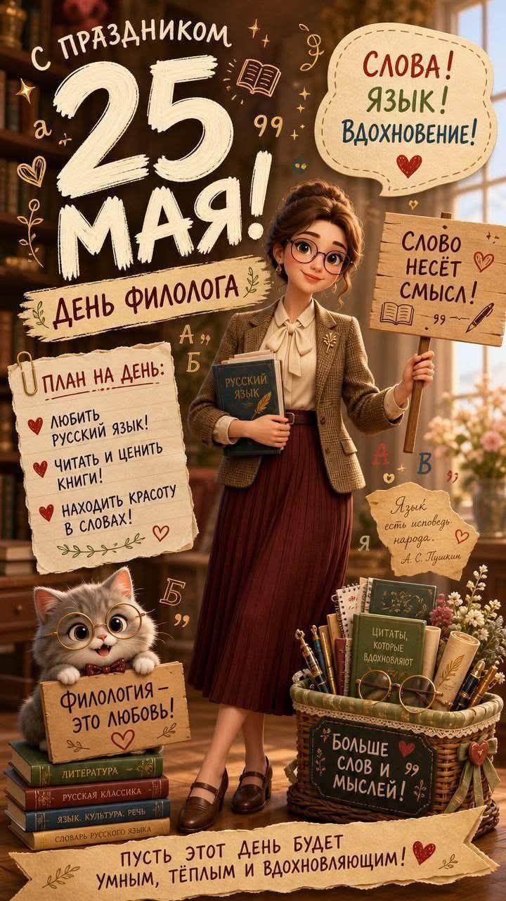 С праздником 25 МАЯ! ДЕНЬ ФИЛОЛОГА! СЛОВА! ЯЗЫК! ВДОХНОВЕНИЕ! СЛОВО НЕСЁТ СМЫСЛ! ПЛАН НА ДЕНЬ: ЛЮБИТЬ РУССКИЙ ЯЗЫК! ЧИТАТЬ И ЦЕНИТЬ КНИГИ! НАХОДИТЬ КРАСОТУ В СЛОВАХ! РУССКИЙ ЯЗЫК. Язык есть исповедь народа. А. С. Пушкин. ФИЛОЛОГИЯ - ЭТО ЛЮБОВЬ! ЛИТЕРАТУРА. РУССКАЯ КЛАССИКА. ЯЗЫК. КУЛЬТУРА. РЕЧЬ. СЛОВАРЬ РУССКОГО ЯЗЫКА. ЦИТАТЫ, КОТОРЫЕ ВДОХНОВЛЯЮТ.