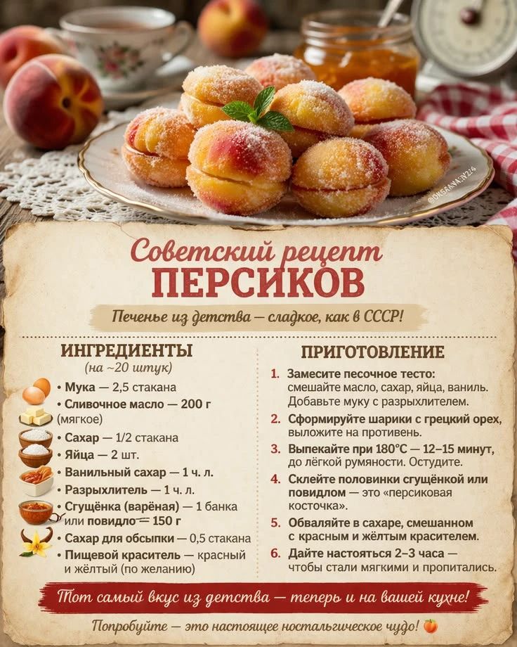 Советский рецепт ПЕРСИКОВ. Печенье из детства – сладкое, как в СССР! ИНГРЕДИЕНТЫ (на ~20 штук): Мука – 2,5 стакана. Сливочное масло – 200 г (мягкое). Сахар – 1/2 стакана. Яйца – 2 шт. Ванильный сахар – 1 ч. л. Разрыхлитель – 1 ч. л. Сгущёнка (варёная) – 1 банка или повидло = 150 г. Сахар для обсыпки – 0,5 стакана. Пищевой краситель – красный и