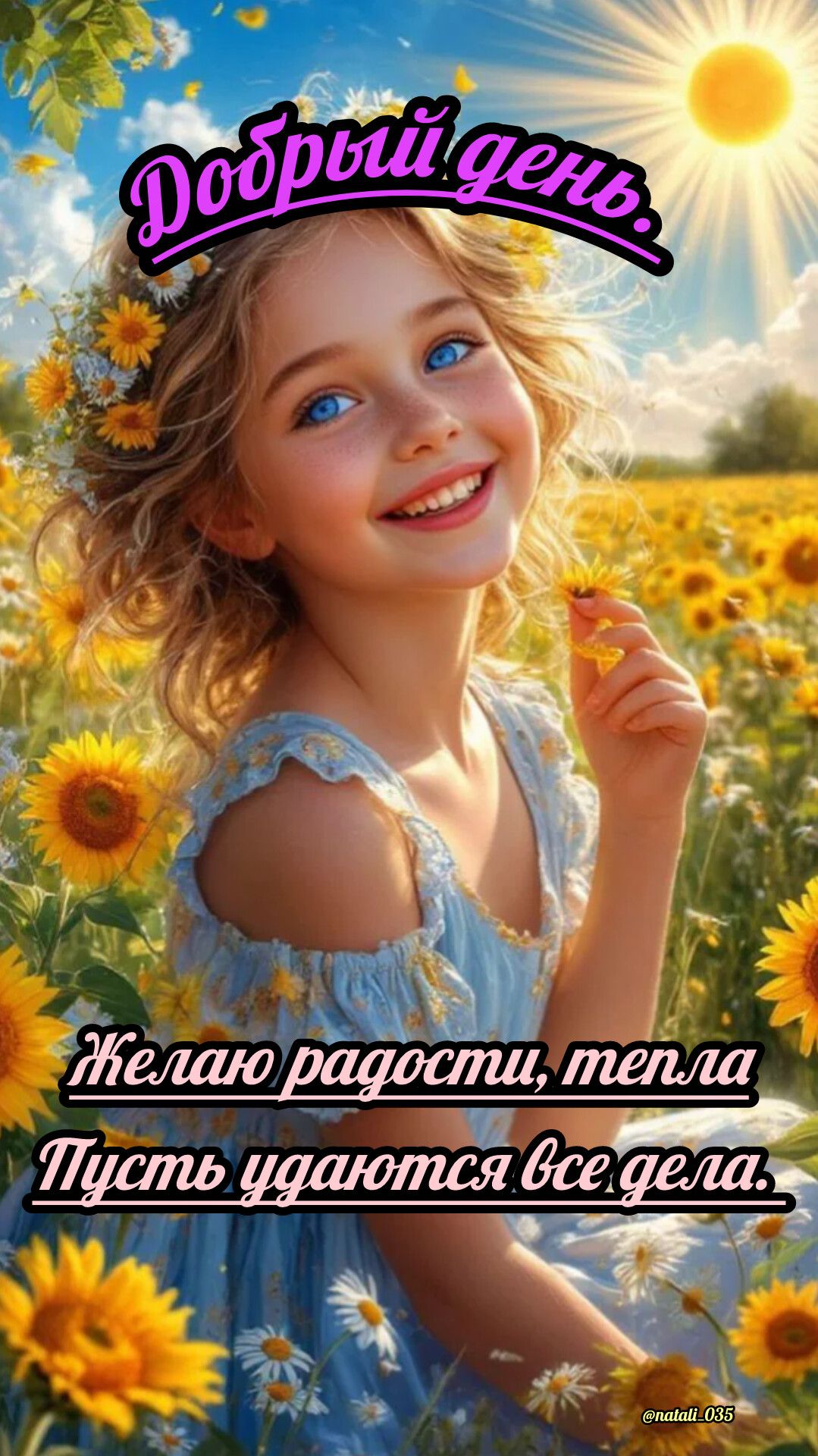 Добрый день. Желаю радости, тепла. Пусть удаются все дела.