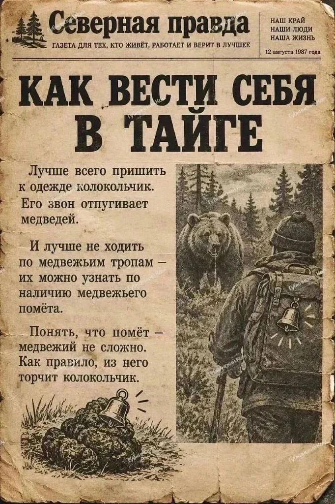 Северная правда. Наш край, наши люди, наша жизнь. Газета для тех, кто живёт, работает и верит в лучшее. 12 августа 1987 года. КАК ВЕСТИ СЕБЯ В ТАЙГЕ. Лучше всего пришить к одежде колокольчик. Его звон отпугивает медведи. И лучше не ходить по медвежьим тропам — их можно узнать по наличию медвежьего помёта. Понять, что помёт — медвежий не сложно.