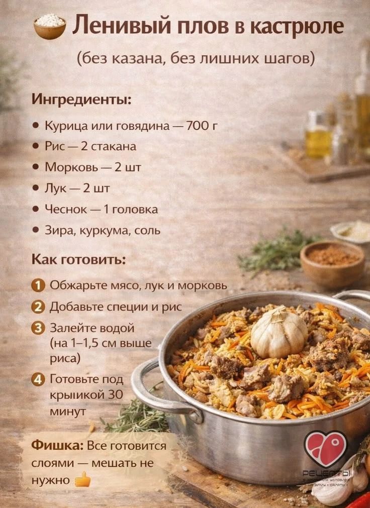 Ленивый плов в кастрюле (без казана, без лишних шагов) Ингредиенты: Курица или говядина — 700 г Рис — 2 стакана Морковь — 2 шт Лук — 2 шт Чеснок — 1 головка Зира, куркума, соль Как готовить: 1 Обжарьте мясо, лук и морковь 2 Добавьте специи и рис 3 Залейте водой (на 1–1,5 см выше риса) 4 Готовьте под крышкой 30 минут Фишка: Все готовится слоями —
