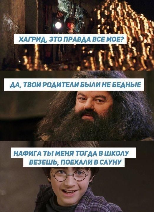 ХАГРИД, ЭТО ПРАВДА ВСЕ МОЕ? ДА, ТВОИ РОДИТЕЛИ БЫЛИ НЕ БЕДНЫЕ НАФИГА ТЫ МЕНЯ ТОГДА В ШКОЛУ ВЕЗЕШЬ, ПОЕХАЛИ В САУНУ