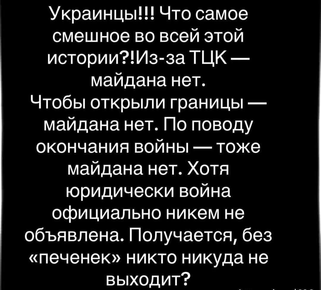 Украинцы!!! Что самое смешное во всей этой истории?!Из-за ТЦК — майдана нет. Чтобы открыли границы — майдана нет. По поводу окончания войны — тоже майдана нет. Хотя юридически война официально никем не объявлена. Получается, без «печенек» никто никуда не выходит?
