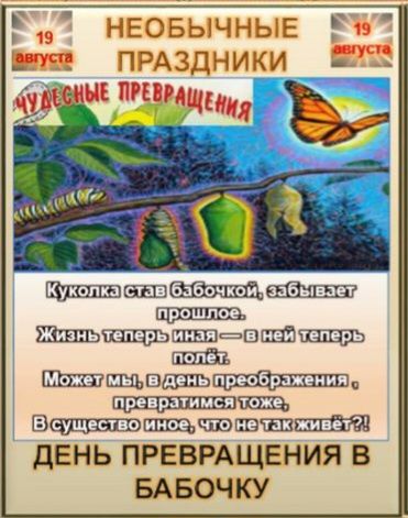 19 августа НЕОБЫЧНЫЕ ПРАЗДНИКИ ЧУДЕСНЫЕ ПРЕВРАЩЕНИЯ Куколка став бабочкой, забывает прошлое. Жизнь теперь иная - в ней теперь полёт. Может мы, в день преображения, превратимся тоже, В существо иное, что не так живёт?! ДЕНЬ ПРЕВРАЩЕНИЯ В БАБОЧКУ