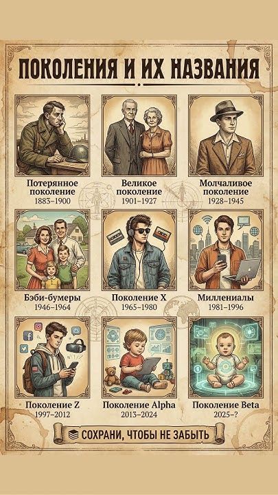 ПОКОЛЕНИЯ И ИХ НАЗВАНИЯ. Потерянное поколение 1883-1900. Великое поколение 1901-1927. Молчаливое поколение 1928-1945. Бэби-бумеры 1946-1964. Поколение Х 1965-1980. Миллениалы 1981-1996. Поколение Z 1997-2012. Поколение Alpha 2013-2024. Поколение Beta 2025-?. СОХРАНИ, ЧТОБЫ НЕ ЗАБЫТЬ.
