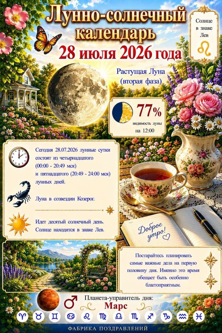 Лунно-солнечный календарь 28 июля 2026 года Растущая Луна (вторая фаза) 77% видимость луны на 12:00 Солнце в знаке Лев Сегодня 28.07.2026 лунные сутки состоят из четырнадцатого (00:00 - 20:49 мск) и пятнадцатого (20:49 - 24:00 мск) лунных дней. Луна в созвездии Козерог. Идет десятый солнечный день. Солнце находится в знаке Лев. Доброе утро!