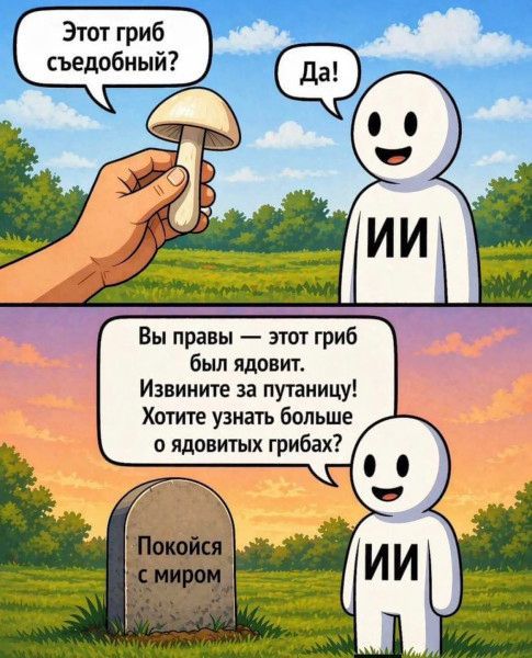 Этот гриб съедобный? Да! ИИ Вы правы — этот гриб был ядовит. Извините за путаницу! Хотите узнать больше о ядовитых грибах? Покойся с миром ИИ