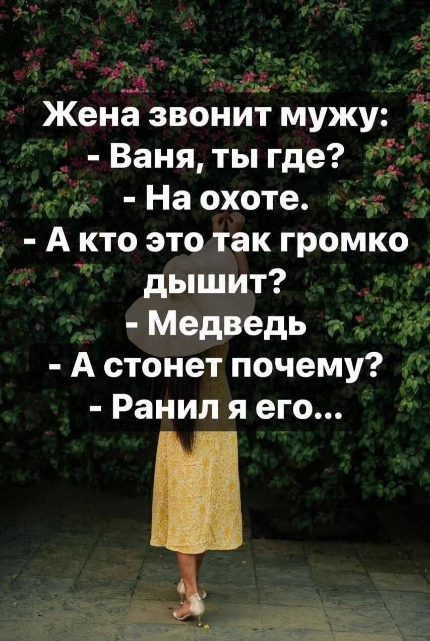 Жена звонит мужу:
- Ваня, ты где?
- На охоте.
- А кто это так громко дышит?
- Медведь
- А стонет почему?
- Ранил я его...
