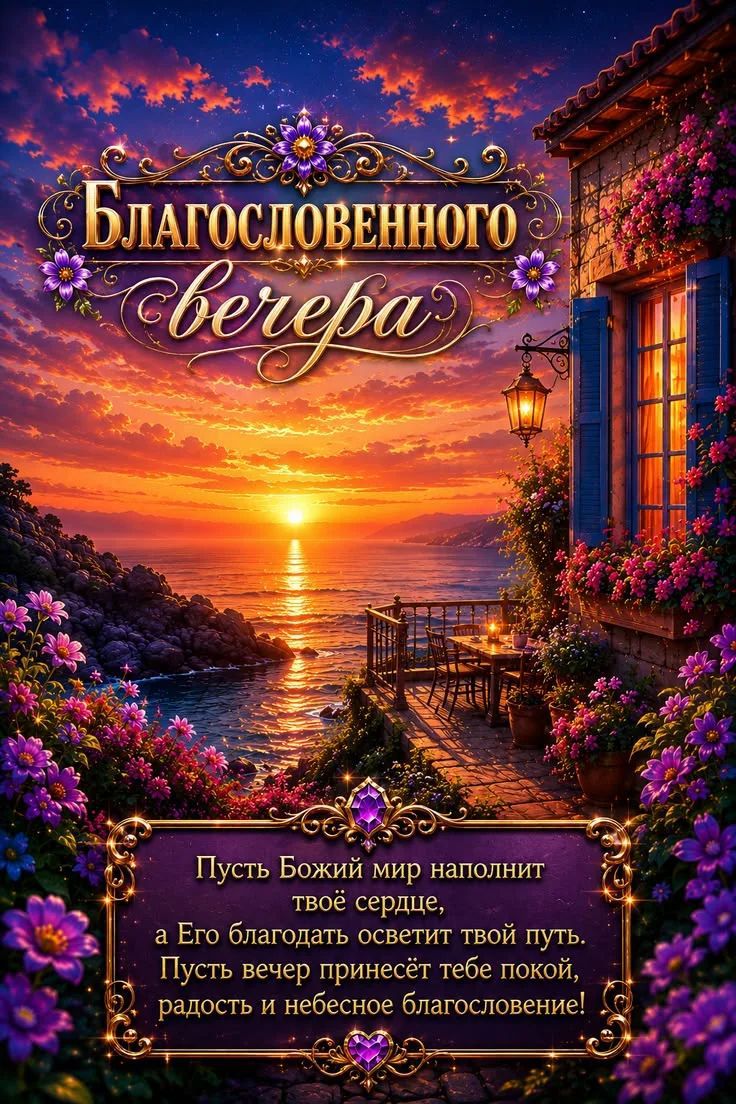 Благословенного вечера. Пусть Божий мир наполнит твоё сердце, а Его благодать осветит твой путь. Пусть вечер принесёт тебе покой, радость и небесное благословение!