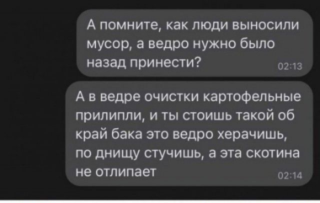 А помните, как люди выносили мусор, а ведро нужно было назад принести? А в ведре очистки картофельные прилипли, и ты стоишь такой об край бака это ведро херачишь, по днищу стучишь, а эта скотина не отлипает
