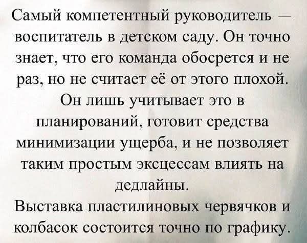 Самый компетентный руководитель — воспитатель в детском саду. Он точно знает, что его команда обосрется и не раз, но не считает её от этого плохой. Он лишь учитывает это в планировании, готовит средства минимизации ущерба, и не позволяет таким простым эксцессам влиять на дедлайны. Выставка пластилиновых червячков и колбасок состоится точно по