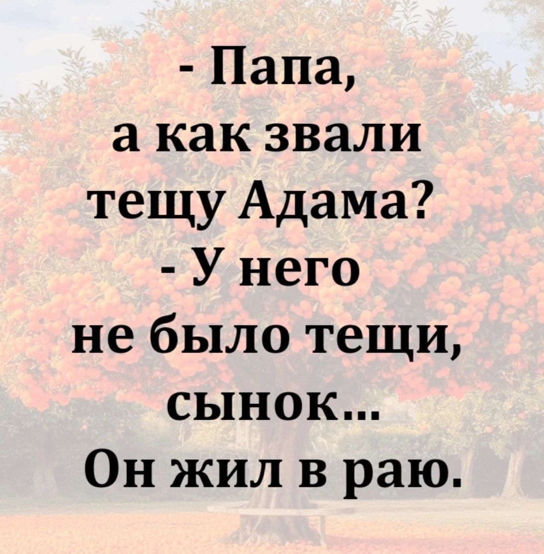 - Папа, а как звали тещу Адама? - У него не было тещи, сынок... Он жил в раю.