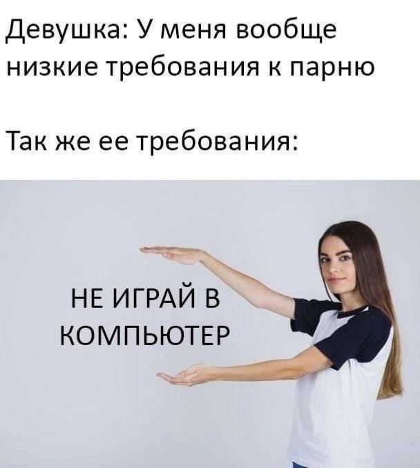 Девушка: У меня вообще низкие требования к парню. Так же ее требования: НЕ ИГРАЙ В КОМПЬЮТЕР