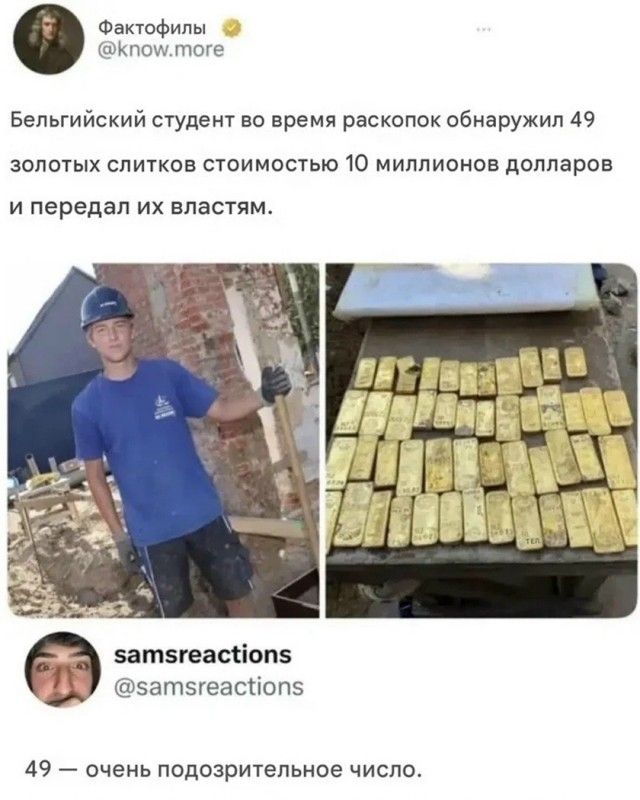Фактофилы @know.more Бельгийский студент во время раскопок обнаружил 49 золотых слитков стоимостью 10 миллионов долларов и передал их властям. samsreactions @samsreactions 49 — очень подозрительное число.