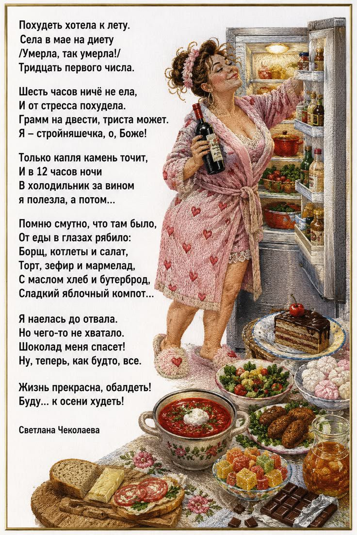 Похудеть хотела к лету. Села в мае на диету /Умерла, так умерла!/ Тридцать первого числа. Шесть часов ничё не ела, И от стресса похудела. Грамм на двести, триста может. Я - стройняшечка, о, Боже! Только капля камень точит, И в 12 часов ночи В холодильник за вином я полезла, а потом... Помню смутно, что там было, От еды в глазах рябило: Борщ,