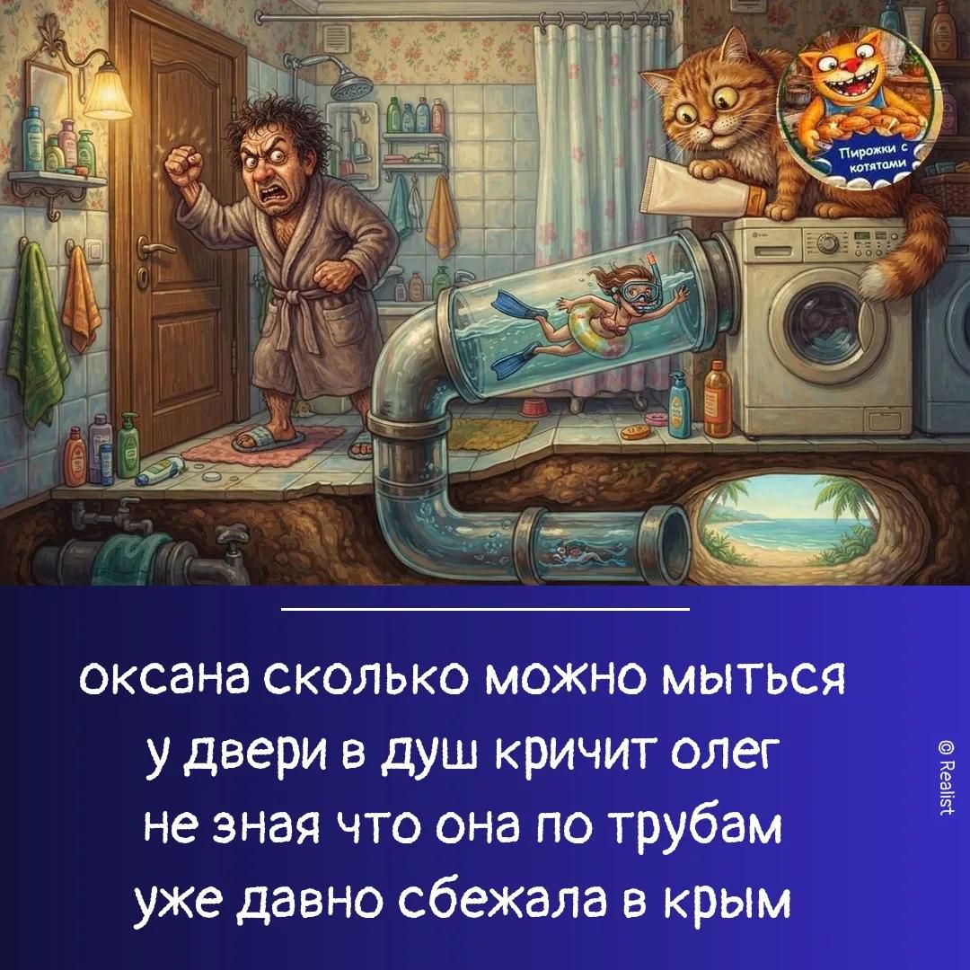 Оксана сколько можно мыться. У двери в душ кричит Олег не зная что она по трубам уже давно сбежала в Крым.
