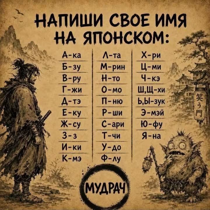 НАПИШИ СВОЕ ИМЯ НА ЯПОНСКОМ: А-ка, Б-зу, В-ру, Г-жи, Д-тэ, Е-ку, Ж-су, З-зэ, И-ки, К-мэ, Л-та, М-рин, Н-то, О-мо, П-ню, Р-ши, С-ари, Т-чи, У-до, Ф-лу, Х-ри, Ц-ми, Ч-кэ, Ш,Щ-хи, Ь,Ы-зук, Э-мэй, Ю-фу, Я-на. МУДРАЧ.