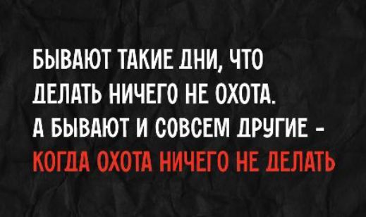 БЫВАЮТ ТАКИЕ ДНИ, ЧТО ДЕЛАТЬ НИЧЕГО НЕ ОХОТА. А БЫВАЮТ И СОВСЕМ ДРУГИЕ – КОГДА ОХОТА НИЧЕГО НЕ ДЕЛАТЬ