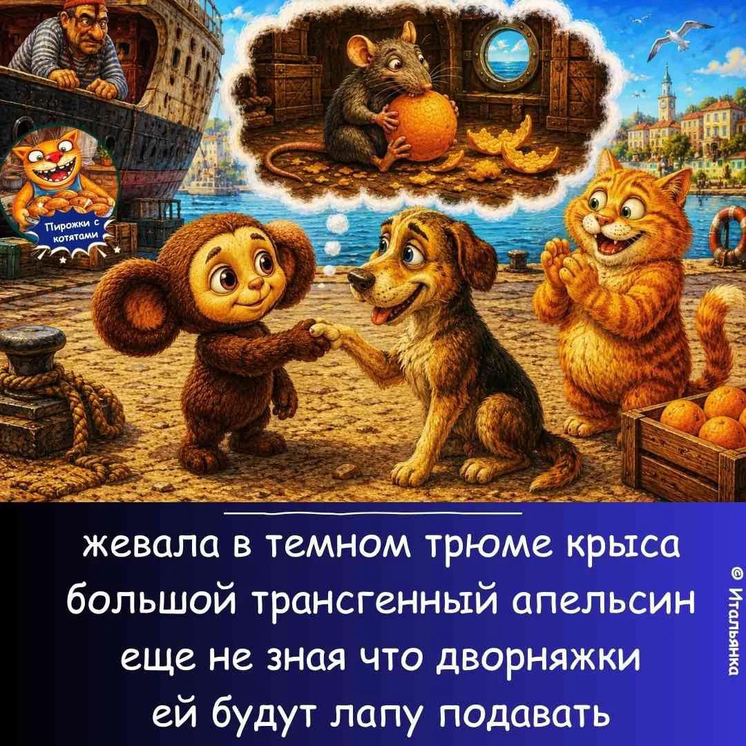 Пирожки с котятами. жевала в темном трюме крыса большой трансгенный апельсин еще не зная что дворняжки ей будут лапу подавать