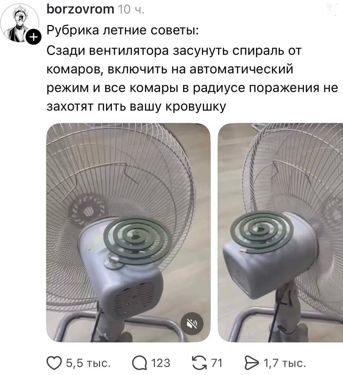 borzovrom 10 ч. Рубрика летние советы: Сзади вентилятора засунуть спираль от комаров, включить на автоматический режим и все комары в радиусе поражения не захотят пить вашу кровушку