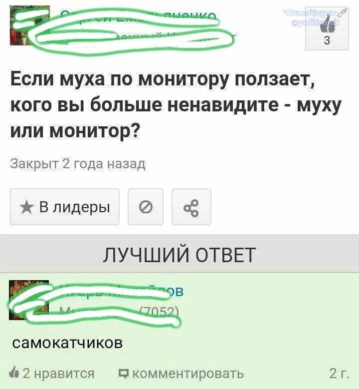 Если муха по монитору ползает, кого вы больше ненавидите - муху или монитор? Закрыт 2 года назад. В лидеры. ЛУЧШИЙ ОТВЕТ самокатчиков. 2 нравится комментировать 2 г.