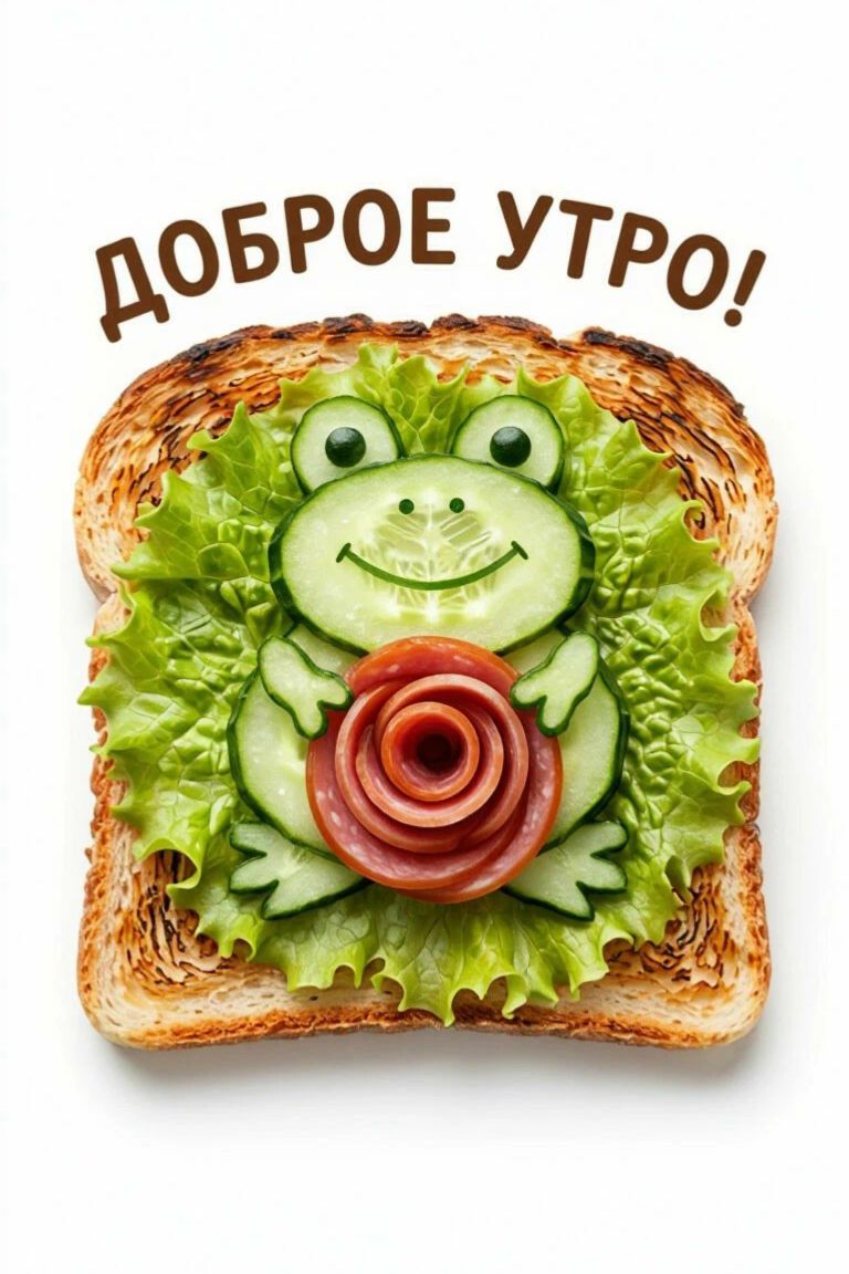 ДОБРОЕ УТРО! На тосте с салатом изображена лягушка из огурца, держащая розу из колбасы.