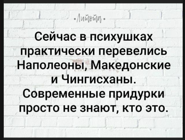 Литота. Сейчас в психушках практически перевелись Наполеоны, Македонские и Чингисханы. Современные придурки просто не знают, кто это.