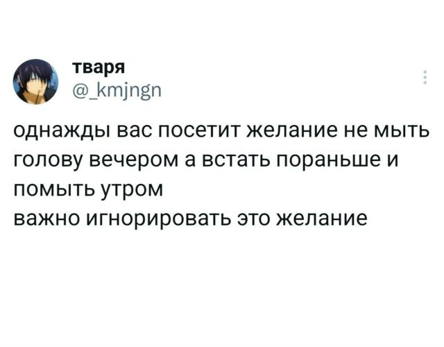 тваря @_kmjngn однажды вас посетит желание не мыть голову вечером а встать пораньше и помыть утром важно игнорировать это желание
