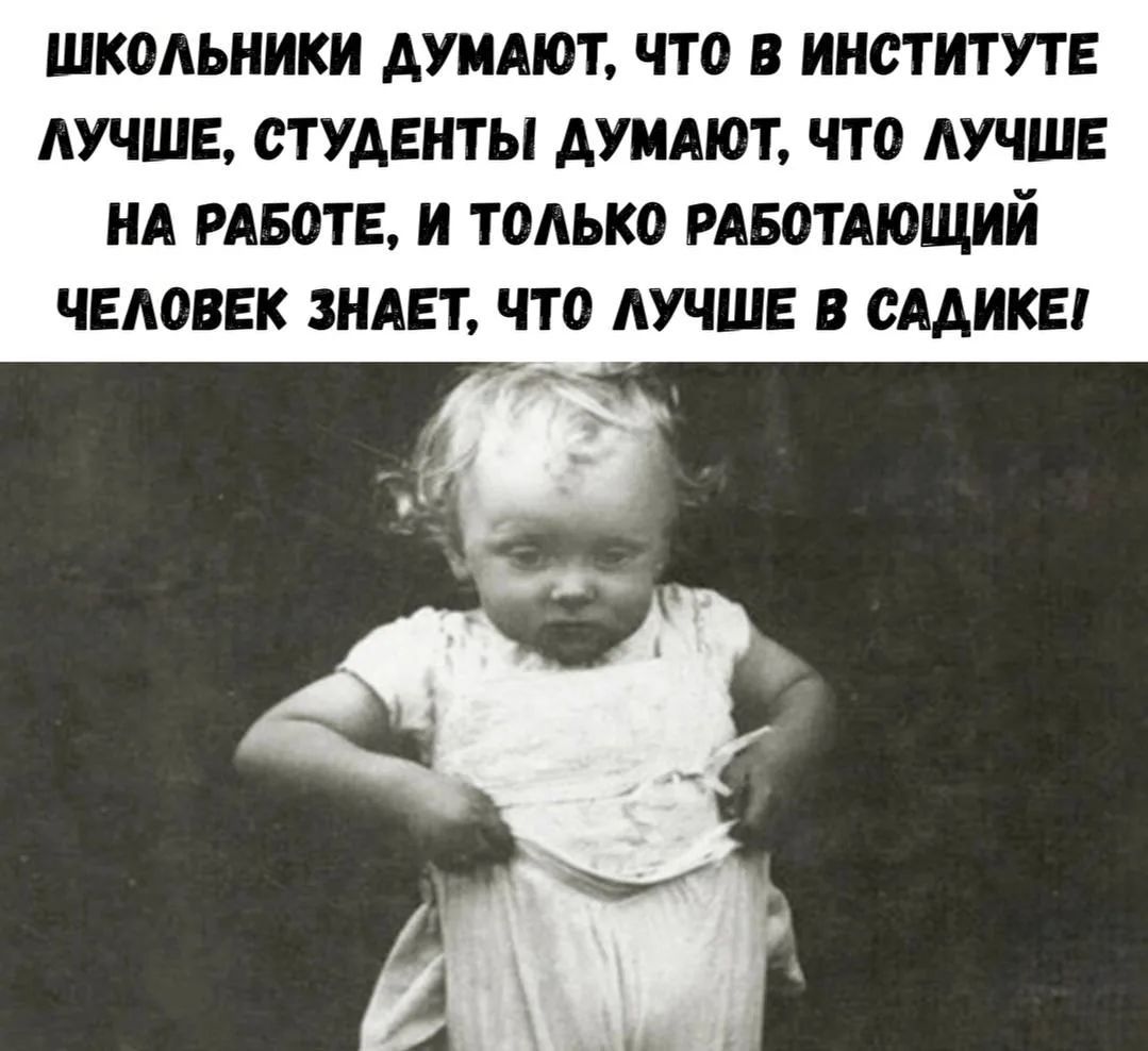 ШКОЛЬНИКИ ДУМАЮТ, ЧТО В ИНСТИТУТЕ ЛУЧШЕ, СТУДЕНТЫ ДУМАЮТ, ЧТО ЛУЧШЕ НА РАБОТЕ, И ТОЛЬКО РАБОТАЮЩИЙ ЧЕЛОВЕК ЗНАЕТ, ЧТО ЛУЧШЕ В САДИКЕ!
