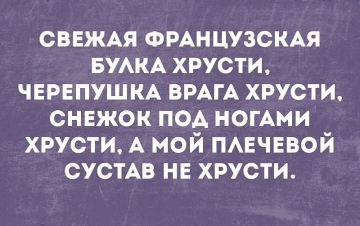 СВЕЖАЯ ФРАНЦУЗСКАЯ БУЛКА ХРУСТИ, ЧЕРЕПУШКА ВРАГА ХРУСТИ, СНЕЖОК ПОД НОГАМИ ХРУСТИ, А МОЙ ПЛЕЧЕВОЙ СУСТАВ НЕ ХРУСТИ.