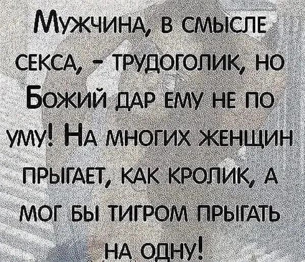 Мужчина, в смысле секса, – трудоголик, но Божий дар ему не по уму! На многих женщин прыгает, как кролик, а мог бы тигром прыгать на одну!