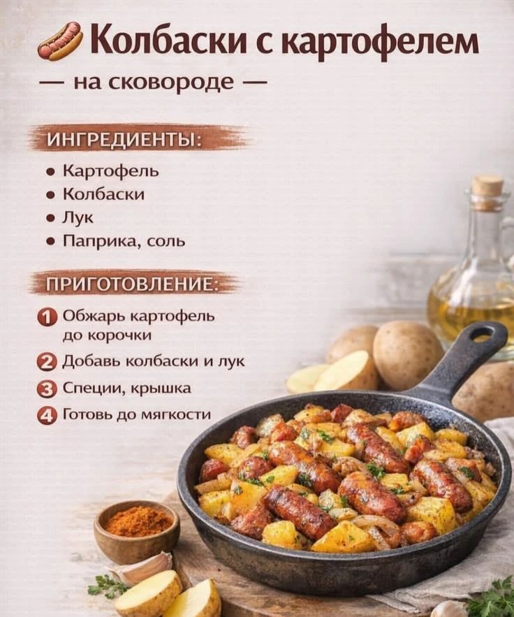 Колбаски с картофелем — на сковороде — ИНГРЕДИЕНТЫ: • Картофель • Колбаски • Лук • Паприка, соль ПРИГОТОВЛЕНИЕ: 1 Обжарь картофель до корочки 2 Добавь колбаски и лук 3 Специи, крышка 4 Готовь до мягкости
