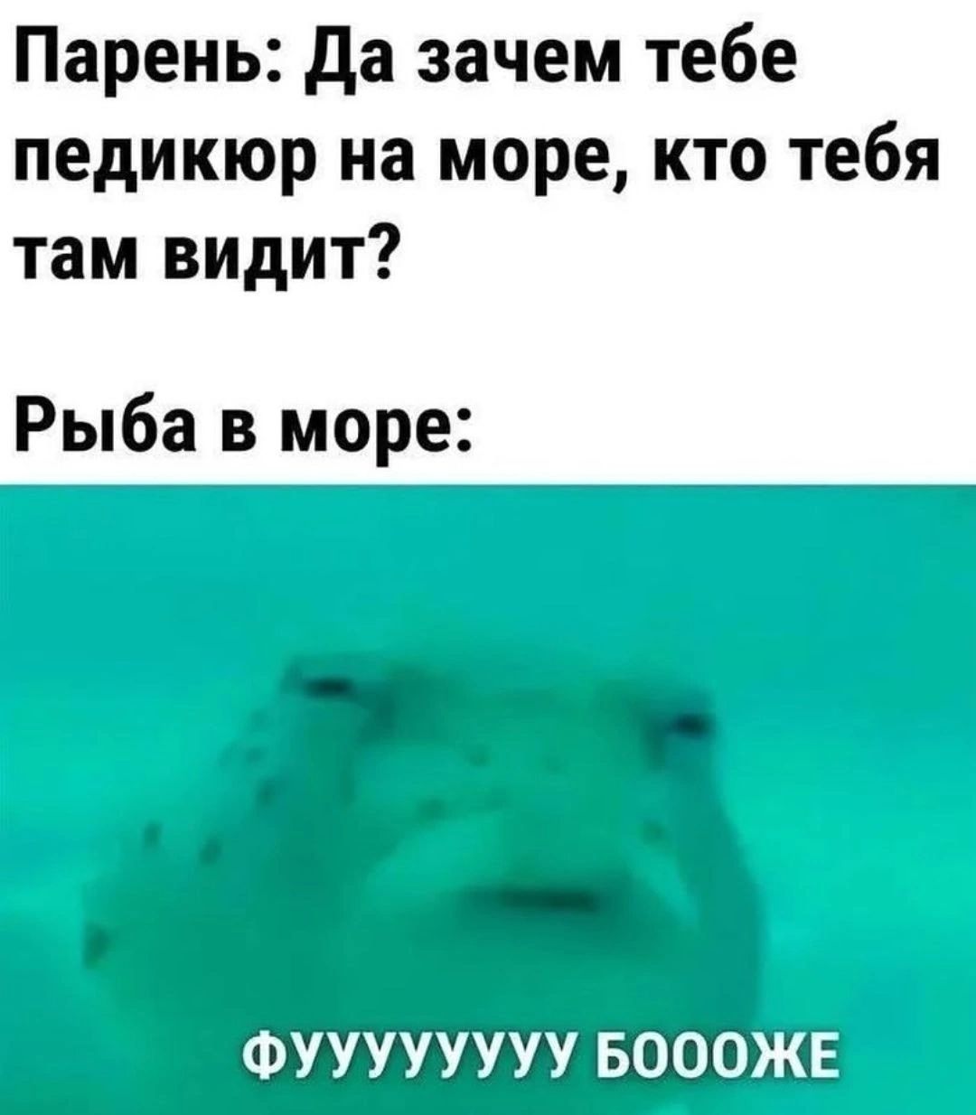 Парень: Да зачем тебе педикюр на море, кто тебя там видит? Рыба в море: ФУУУУУУУУ БОООЖЕ